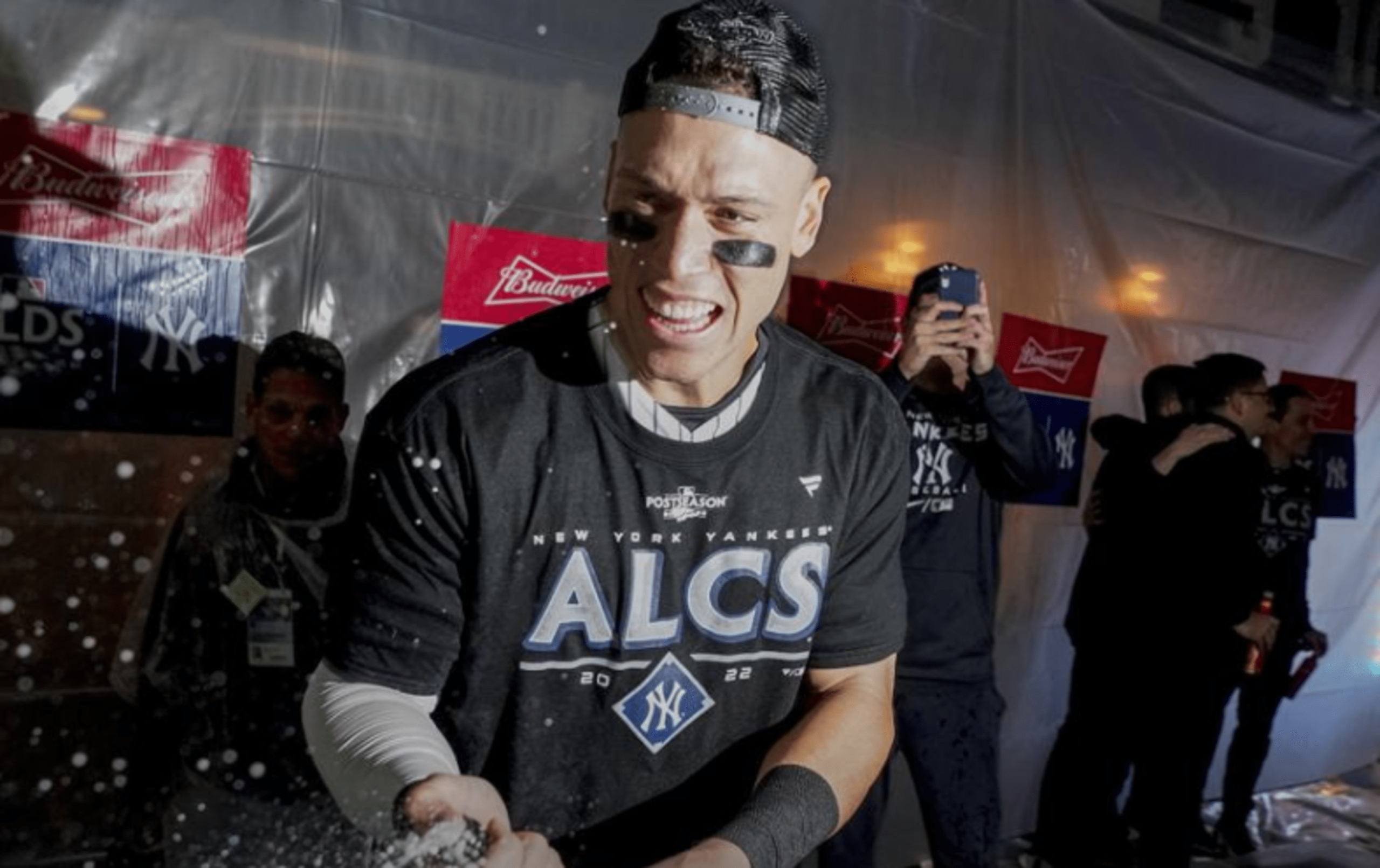 New York Yankees Aaron Judge and Giancarlo Stanton celebrate in the  clubhouse with champagne after the game against the Baltimore Orioles at  Yankee Stadium in New York City on September 22, 2018.